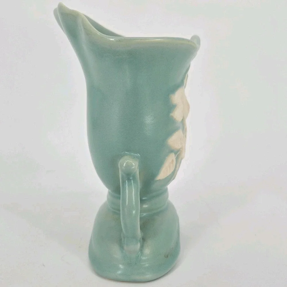 Vintage Weller Cameo Rose Vase Aqua Green White Floral Double Handle 7 In Deco
